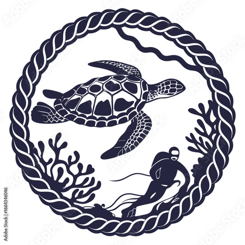 Monochrome vector scuba diver exploring coral reef with sea turtle, enclosed in circular nautical rope frame, marine emblem focused on underwater exploration.