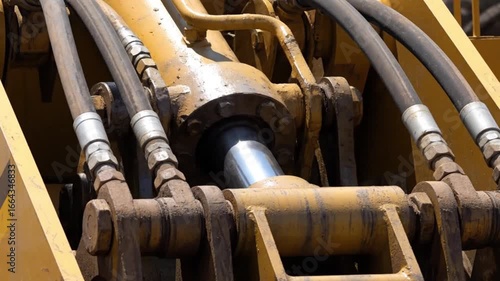 A detailed, high-resolution, full HD video focusing on the hydraulic systems of a large mining shovel. The camera should zoom in on the powerful pistons and hoses, showing the greasy, mechanical parts