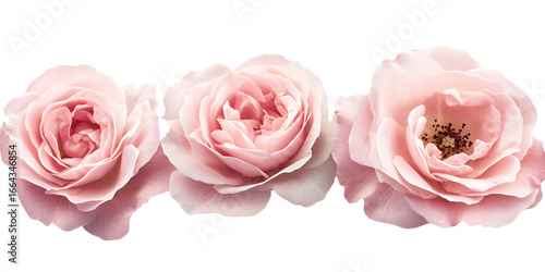 Three delicate pink roses against a stark black background