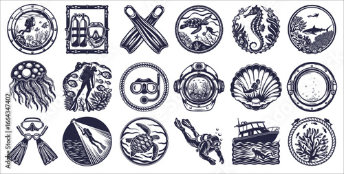 Monochrome vintage diving elements set including scuba gear, jellyfish, seahorse, sea turtle, and diver exploring underwater scenes for marine themes.