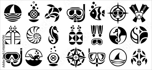 Monochrome icon set representing diving, marine life, and underwater exploration with stylized equipment, creatures, and navigational tools for ocean-themed designs.