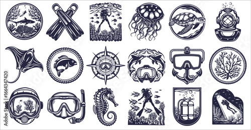 Monochrome vintage nautical set featuring diving equipment, sea creatures, and underwater scenes designed for diving enthusiasts and marine exploration projects.