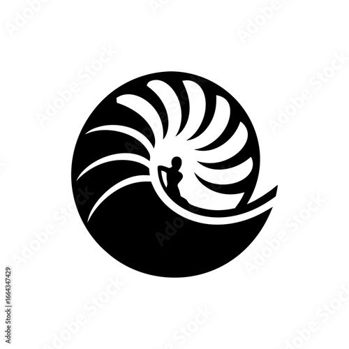 Black and white vector logo of surfer riding wave inside nautilus shell, marine-related design representing interaction of human and ocean nature.