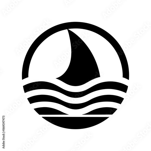Minimalist vector shark fin emerging from water inside circular frame, symbolizing marine predator and ocean wildlife with nautical theme.