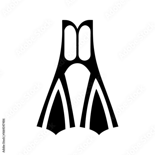 Black and white icon showing diving mask and flippers representing snorkeling, scuba diving, and underwater exploration for marine adventure designs.