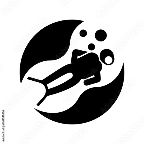 Black silhouette scuba diver with oxygen tank and fins enclosed in circle, ideal for marine or nautical themed designs emphasizing underwater exploration.