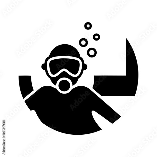 Black silhouette scuba diver with oxygen tank and fins enclosed in circle, ideal for marine or nautical themed designs emphasizing underwater exploration.
