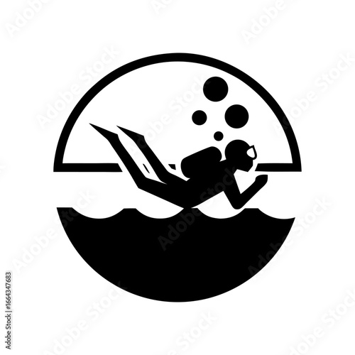 Black silhouette scuba diver with oxygen tank and fins enclosed in circle, ideal for marine or nautical themed designs emphasizing underwater exploration.