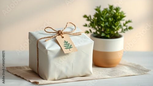 A beautiful Christmas gift box with red ribbon and a golden bow sits beside festive holiday cookies