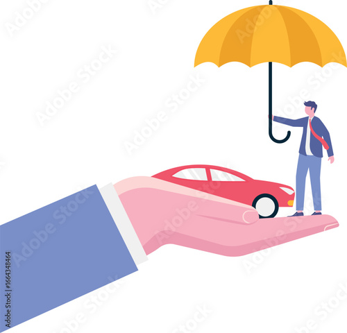 Flat illustration businessman hand gently cover car with umbrella symbolizing automobile insurance protection
