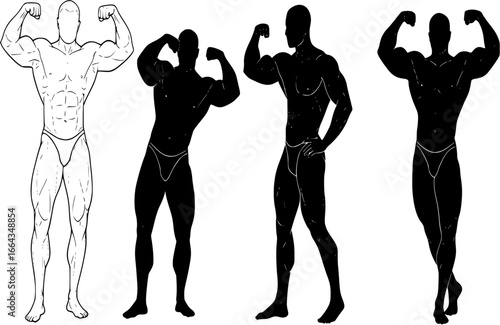 Muscular bodybuilder vector silhouette illustration isolated on white background. Sport man strong arms show in different pose. Body builder athlete showing muscles