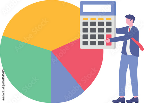 Flat illustration of businessman with calculator and pie chart symbolizing cost structure and budget management
