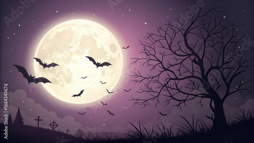 Full Moon Night Banner, dark purple sky gradient, minimal and modern Halloween design