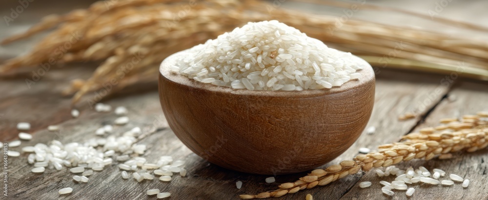 Fototapeta premium [The Rice Bowl Filled with White Rice on a Rustic Wooden Table]