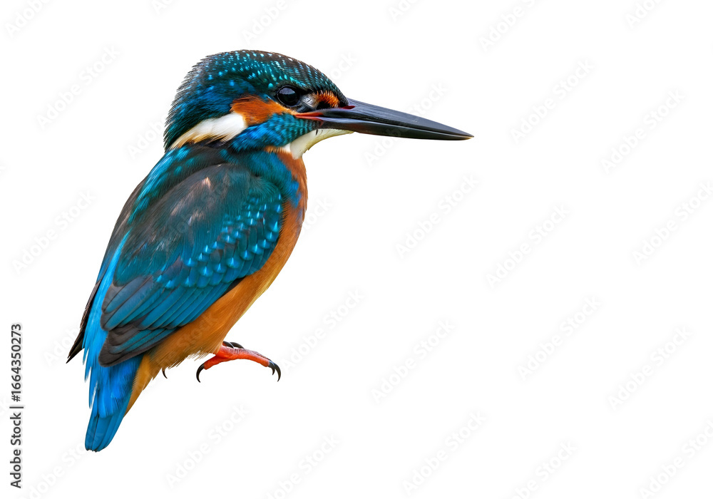 Obraz premium A vibrant kingfisher displays its striking blue and orange plumage against a stark black backdrop.