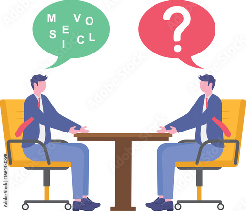 Flat illustration of businessman speak with jumbled letter in speech bubble symbolizing unclear message or confusion communication
