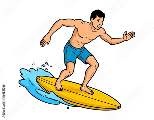 A muscular man surfs a yellow board, riding a small wave