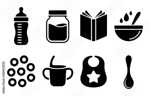 Collection of Baby Feeding and Care Icons: Bottle, Jar, Book, Bowl, Cereal, Sippy Cup, Bib, Spoon