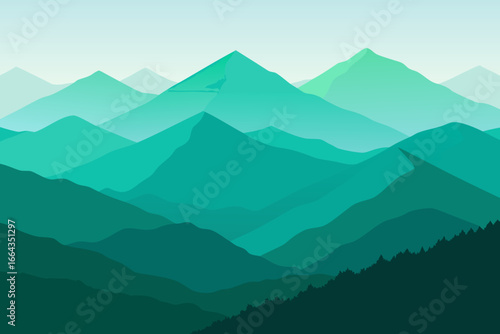 Serene teal mountain range landscape with layered peaks and forest