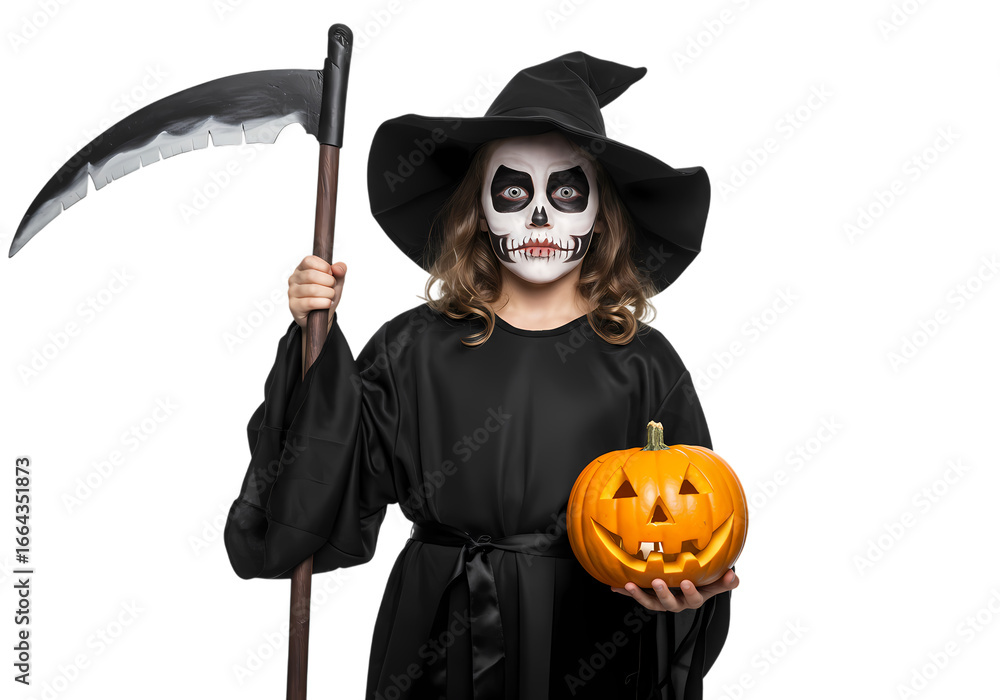 Obraz premium Child in Grim Reaper Costume with Pumpkin isolated on transparent background
