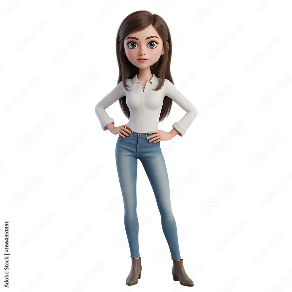 Fototapeta premium 3D animated character of a confident young woman in a white shirt and jeans Isolated on transparent background
