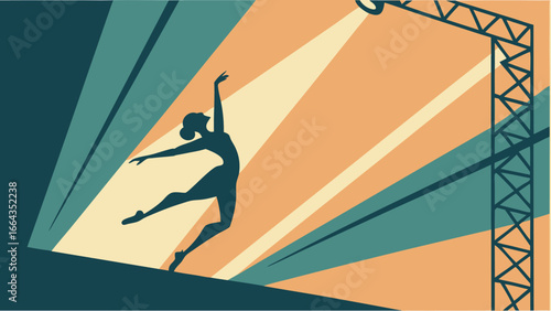 Graceful dancer leaps center stage bathed in dramatic spotlight, capturing artistic performance and movement.