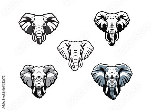 Five monochrome elephant head illustrations with varying ear and tusk designs