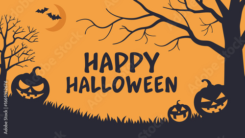 Spooky Happy Halloween greeting with grinning pumpkins, bare trees, and bats against a vibrant orange backdrop.