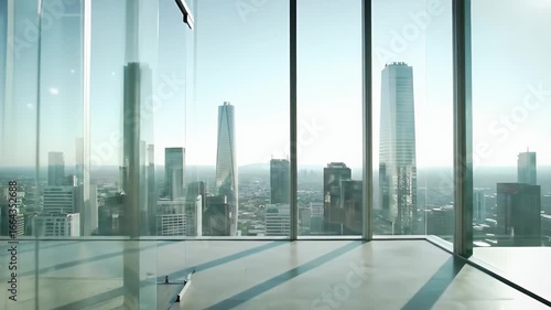 Sunlit Modern Office Interior with Glass Walls Overlooking Urban Skyline Scenery