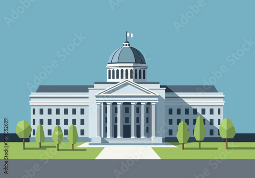 illustration of Elegant Government Building with Classical Pillars and Dome against a Clear Sky