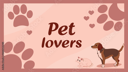 Adorable dog and cat together celebrating pet lovers' joy with paw prints and hearts adorning scene