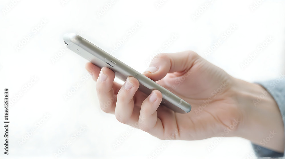 Fototapeta premium Close up of hand holding and using a mobile smart phone in a bright modern office with technology