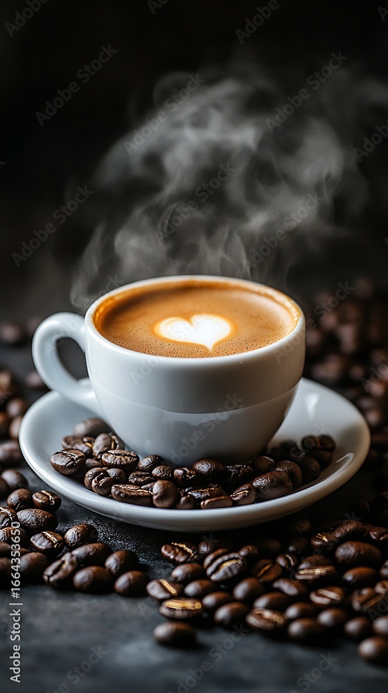 Fototapeta premium Steaming cup of coffee with latte art surrounded by coffee beans