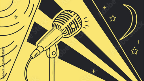 Vintage microphone shines under spotlight, ready for captivating performance and starry night