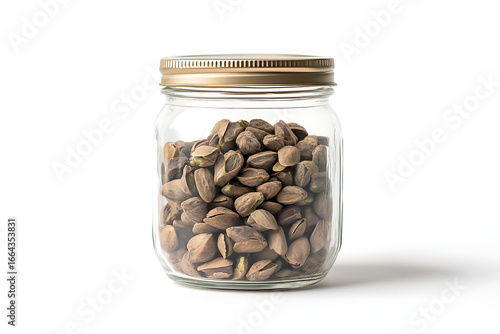 Wholesome pistachios perfectly preserved in a clear glass jar with a golden lid, offering a healthy snack option.