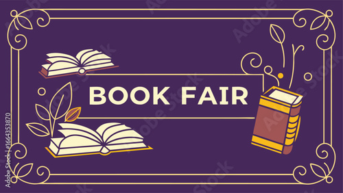 Elegant book fair banner invites readers to explore literary worlds with ornate design and open books