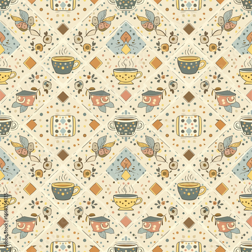 Seamless Pattern, Seamless pattern with coffee cups and abstract elements in cozy colors Stock royalty free