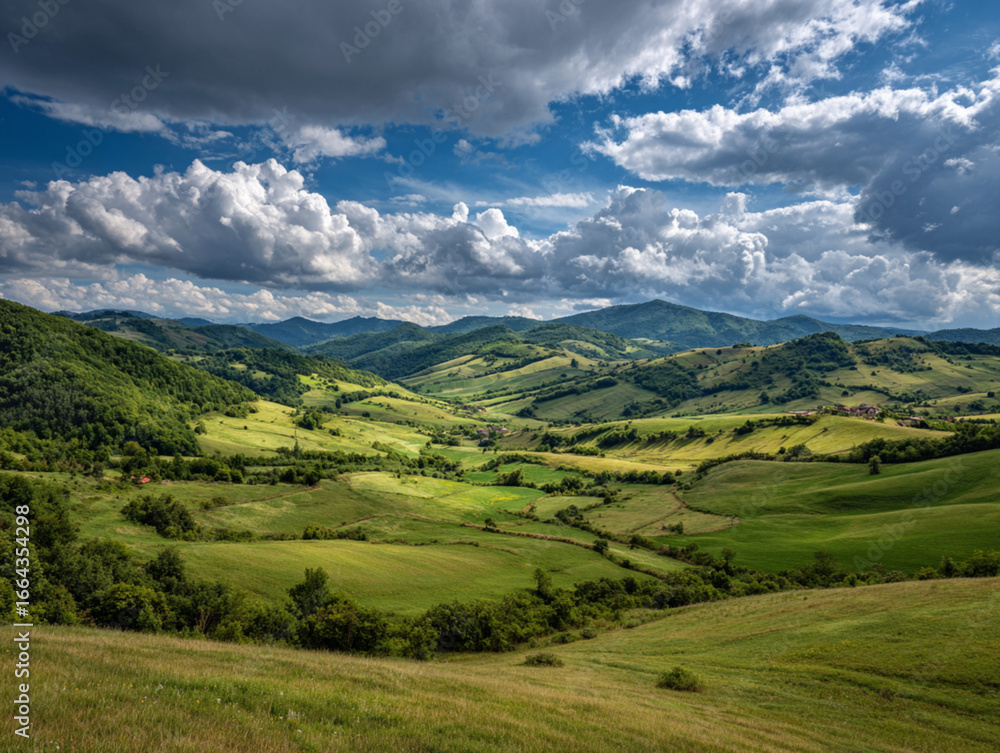Fototapeta premium Rolling green hills and valleys under a dramatic cloudy sky