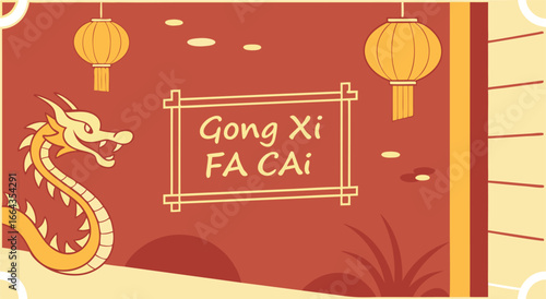 Vibrant Chinese New Year celebration with dragon, lanterns, and auspicious greetings for prosperity