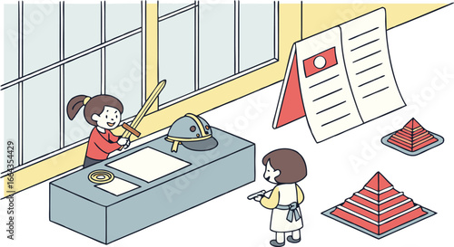 Child excitedly plays pretend knight at museum ticket counter, sword raised, engaging visitor