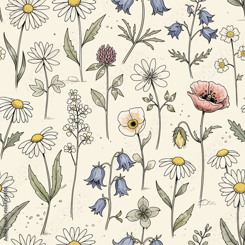 Seamless Pattern, Seamless pattern of wildflowers daisies clovers and bluebells in botanical style Stock royalty free image.