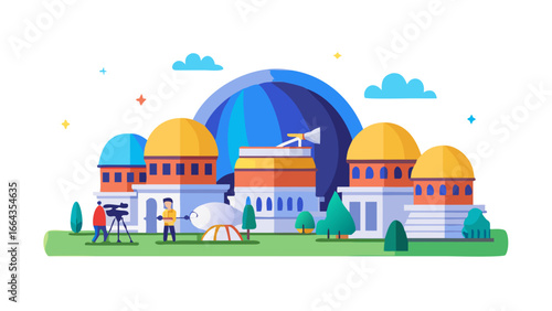 Astronomy observatory with people and telescope isolated on transparent background
