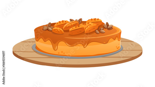 Delicious caramel cake with nuts and caramel drizzle isolated on transparent background