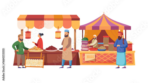 People shopping at a vibrant middle eastern market with food stalls isolated on transparent background