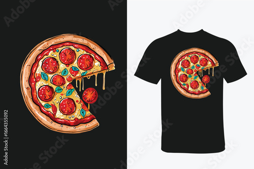 Whimsical Pizza T-Shirt Design Featuring a Delicious Pepperoni Pizza with a Slice Being Pulled Away vector isolated on white background 