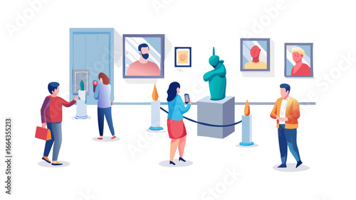 People admiring art and sculpture in a museum isolated on transparent background