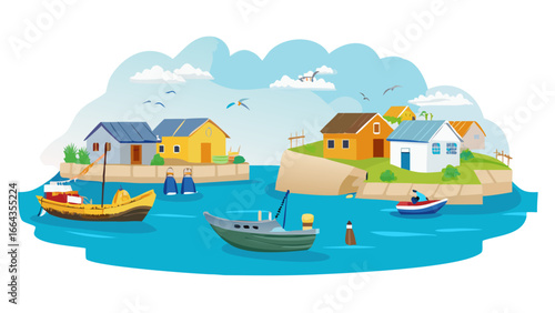 Coastal village with boats and houses isolated on transparent background