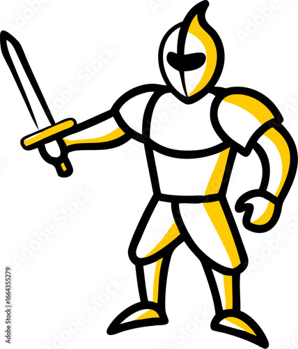 Medieval knight in full armor holding a sword on a white background