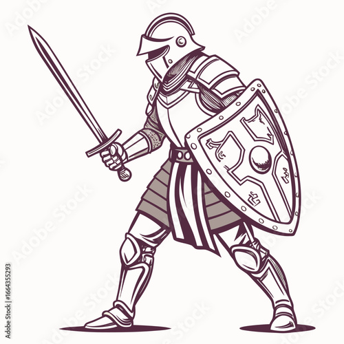 Medieval knight in full armor holding a sword on white background
