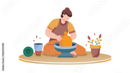 Person making pottery on a pottery wheel isolated on transparent background